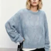 Custom Women's Mohair Blend Cable-Knit Crew-Neck Oversized Washed Blue Sweater