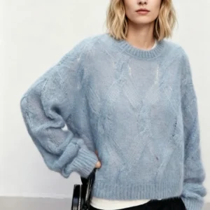 Custom Women's Mohair Blend Cable-Knit Crew-Neck Oversized Washed Blue Sweater