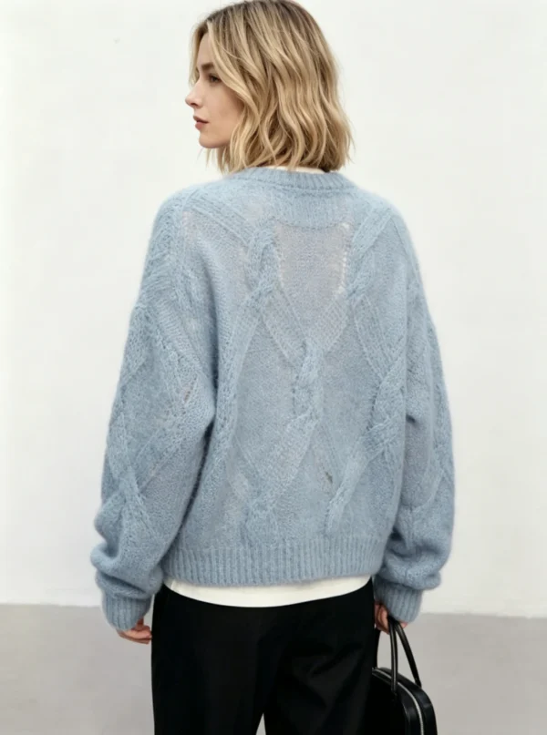 Custom Women's Mohair Blend Cable-Knit Crew-Neck Oversized Washed Blue Sweater - view 2