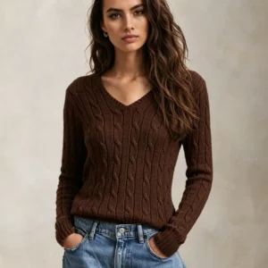 Custom Women's Cashmere Blend Cable-Knit V-Neck Chocolate Brown Sweater