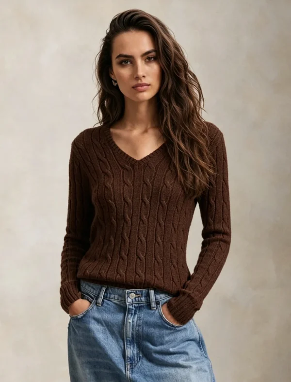Custom Women's Cashmere Blend Cable-Knit V-Neck Chocolate Brown Sweater