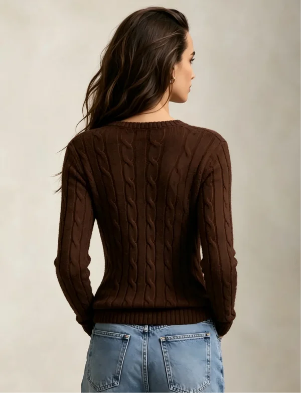 Custom Women's Cashmere Blend Cable-Knit V-Neck Chocolate Brown Sweater - view 2