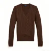Custom Women's Cashmere Blend Cable-Knit V-Neck Chocolate Brown Sweater - view 3