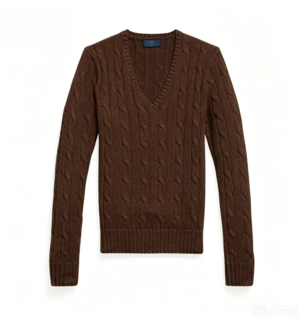 Custom Women's Cashmere Blend Cable-Knit V-Neck Chocolate Brown Sweater - view 3