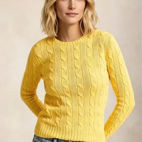 Custom Women's Lambswool Cable-Knit Crew-Neck Mustard Sweater
