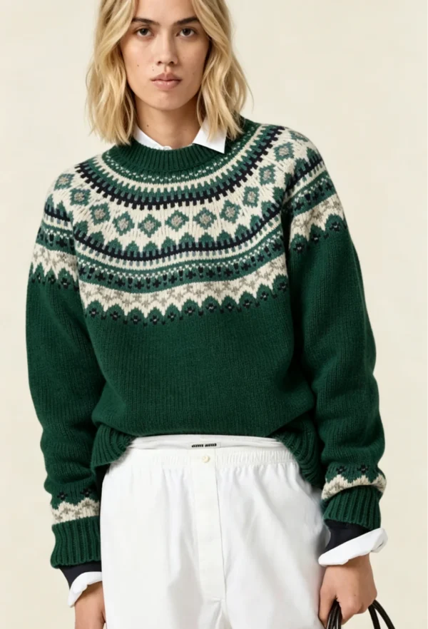 Custom Women's Cotton Blend Jacquard Crew-Neck Cropped Green Sweater