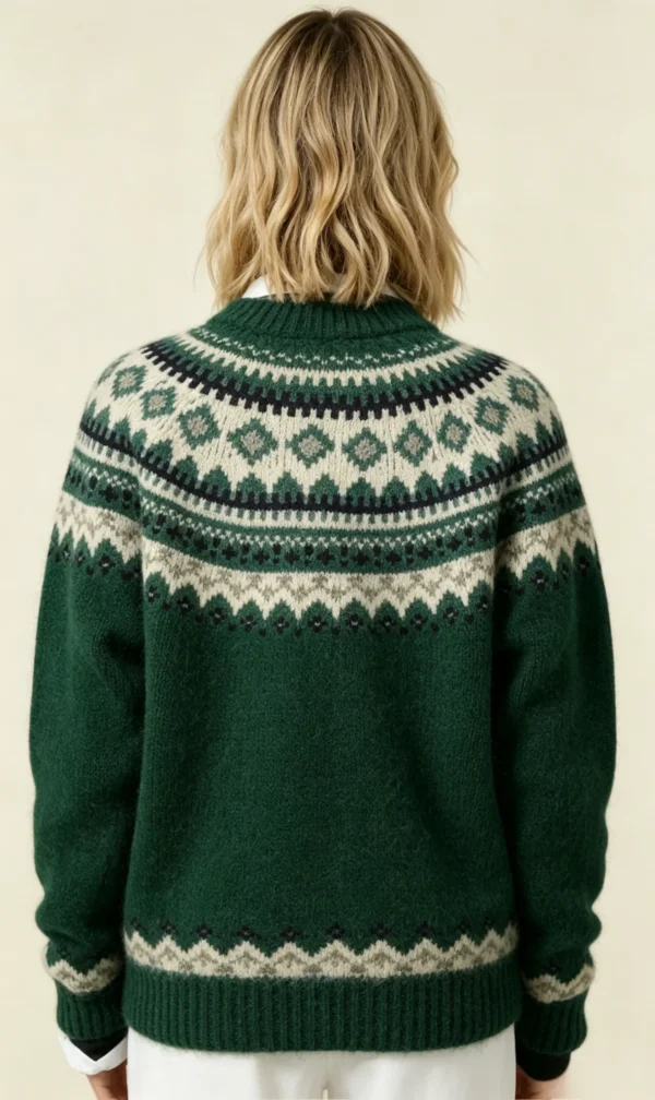 Custom Women's Cotton Blend Jacquard Crew-Neck Cropped Green Sweater - view 3