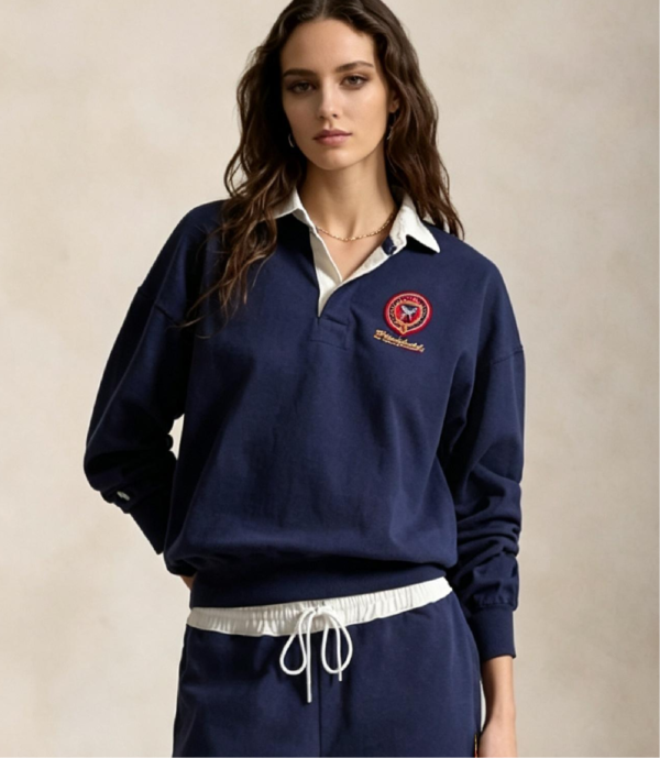 Custom Women's Cotton Polo-Collar Boxy Navy Sweatshirt