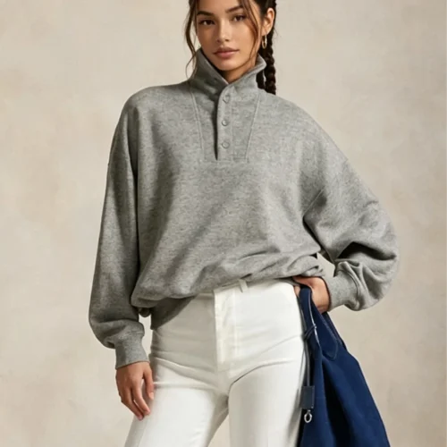 Custom Women's Cotton Stand-Collar Slate Grey Sweatshirt