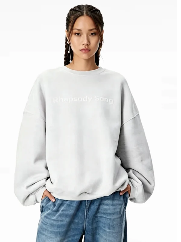Custom Women's Organic Cotton Puff Printed Crewneck Oversized Grey Sweatshirt