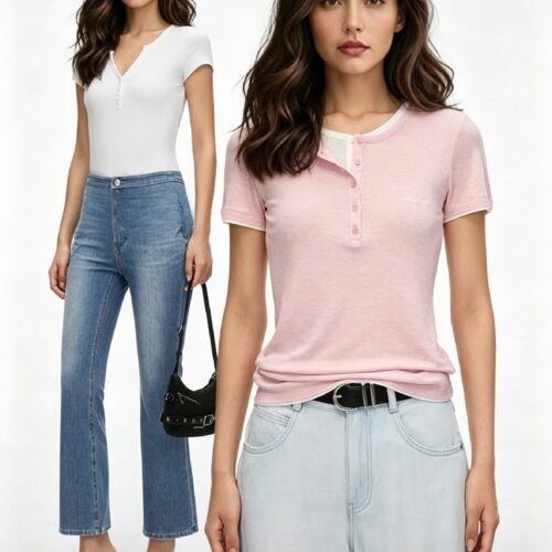 Custom Women's Slub Cotton Henley T-Shirt Custom Women's Slub Cotton Henley T-Shirt