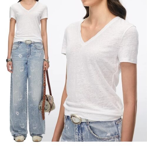 Custom Women's Slub Cotton V-Neck Short-Sleeve Off-White T-Shirt Custom Women's Slub Cotton V-Neck Short-Sleeve Off-White T-Shirt
