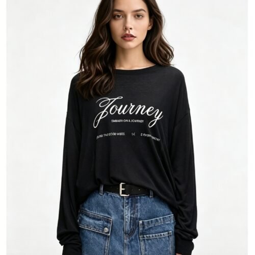 Custom Women's Cotton Screen Printed Long-Sleeve Black T-Shirt Custom Women's Cotton Screen Printed Long-Sleeve Black T-Shirt