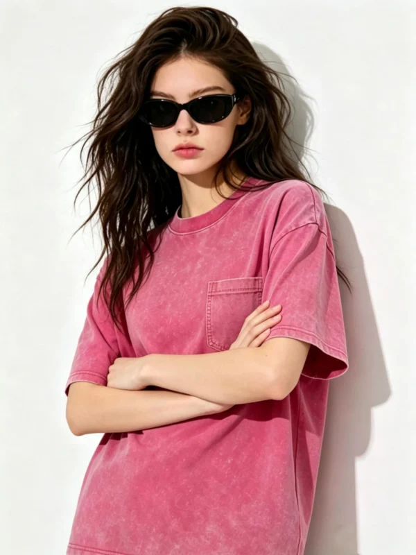 Custom Women's Cotton 240 GSM Acid Wash Distressed Pink T-Shirt