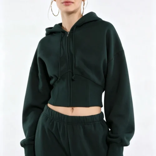 Custom Women's Forest Green Cropped Full-Zip Hoodie