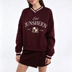 Custom Women's Burgundy V-Neck Graphic Print Sweatshirt