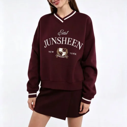 Custom Women's Burgundy V-Neck Graphic Print Sweatshirt