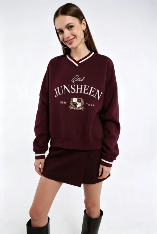 Custom Women's Burgundy V-Neck Graphic Print Sweatshirt Custom Women's Burgundy V-Neck Graphic Print Sweatshirt